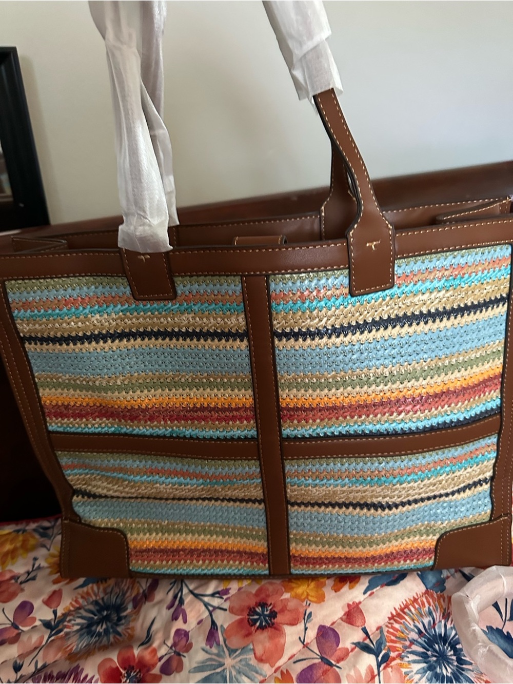 Multicolor Striped Crochet Tote Bag with Brown Trim. Not authentic